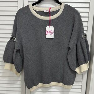Yolly Gray and Cream Rhinestones Puff Sleeve Sweater